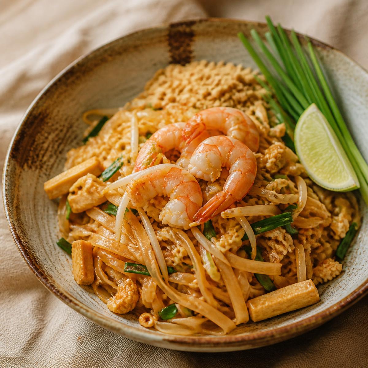Pad thaï aux crevettes servi dans un bol en céramique